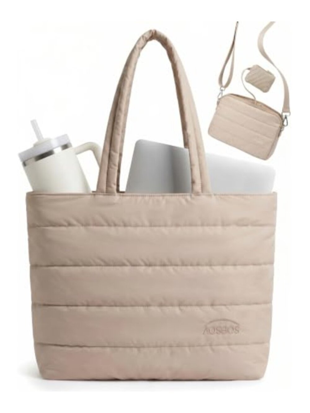 Puffer Tote Bag Set with Laptop Compartment, Water-Resistant, 2-in-1 Crossbody